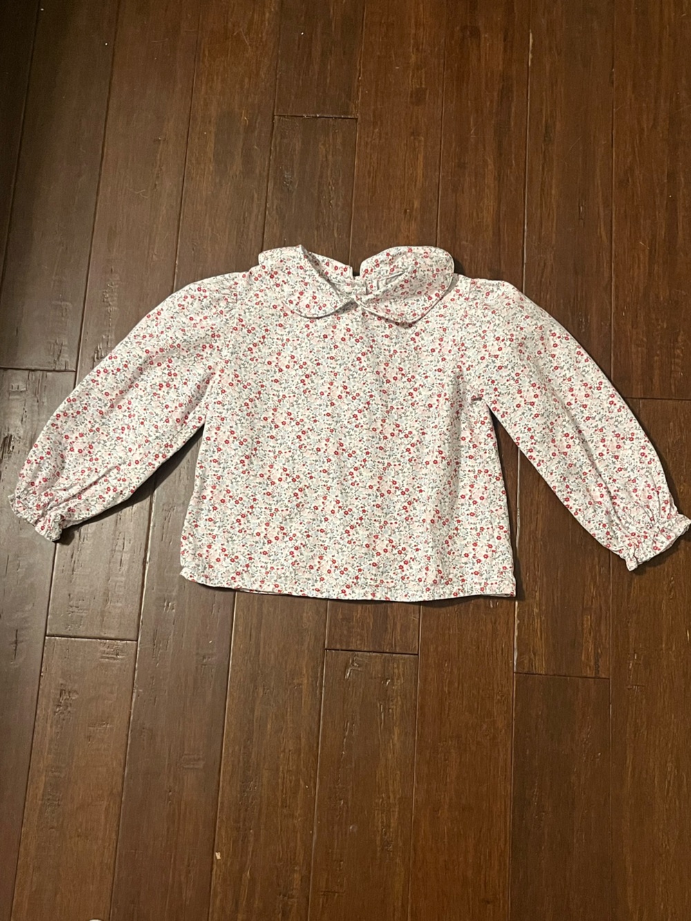 Girls' Floral Peter Pan Collar Long Sleeve Blouse - White with Red Floral Print
